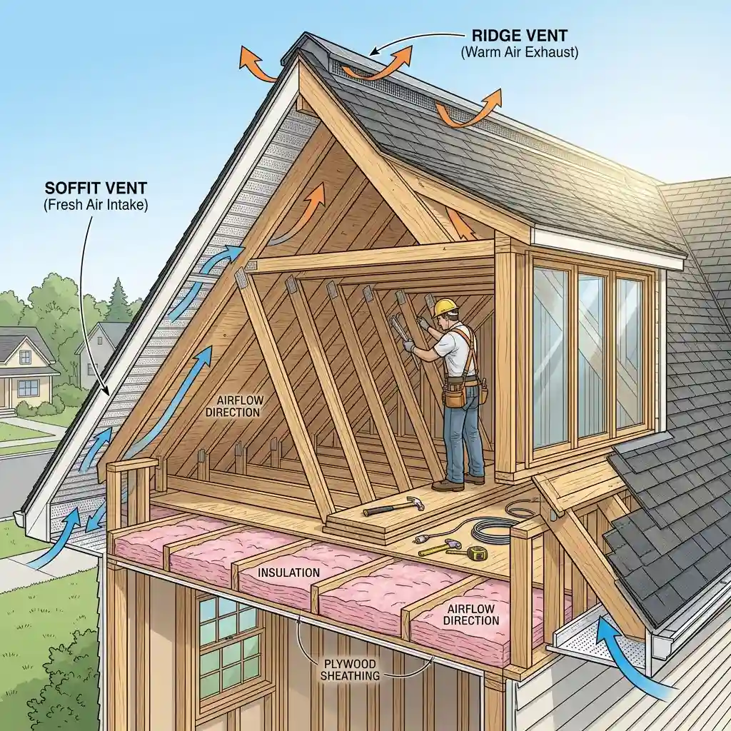 A well-ventilated house attic showing ridge vents and soffit vents
