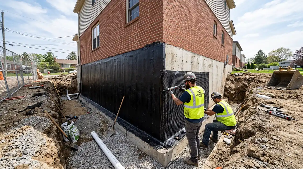 Exterior foundation waterproofing with black rubber membrane and drainage board installation