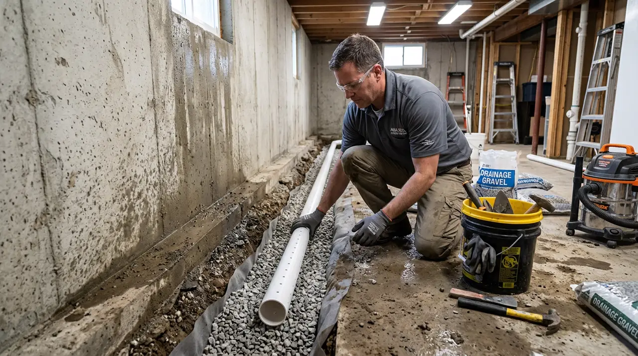 Contractor installing interior French drain system along basement wall footing