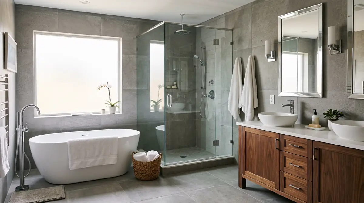 Luxuriously remodeled master bathroom with freestanding tub, walk-in glass shower, double vanity and grey porcelain tile