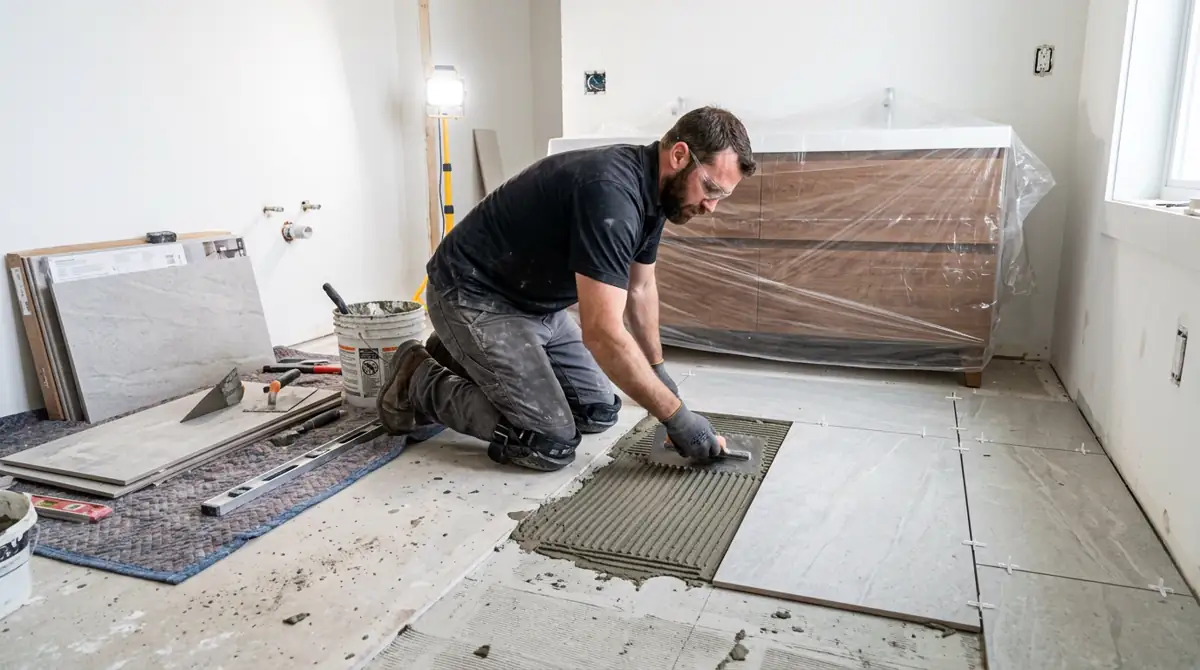 Professional tile setter installing large format floor tiles in a bathroom remodel using a notched trowel