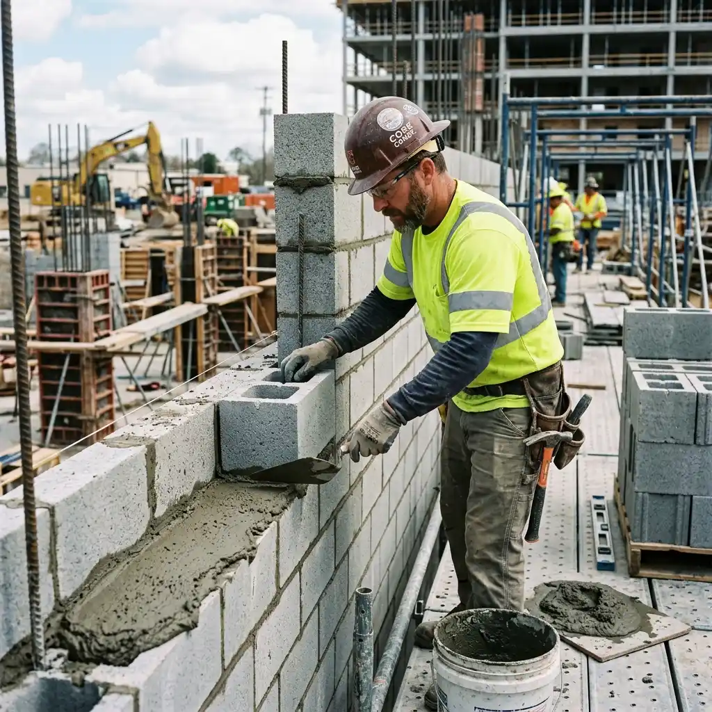 A mason laying concrete blocks on a wall