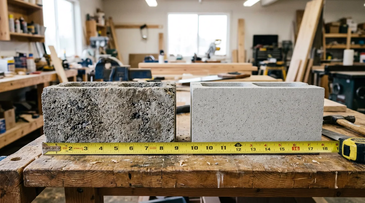 Side by side comparison of an old cinder block (rough, dark texture) and a modern concrete CMU block (smooth, lighter gray)