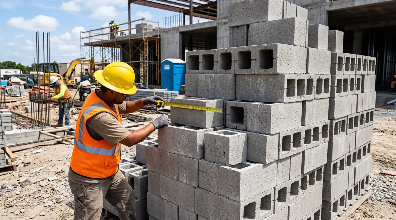 Construction worker measuring CMU concrete masonry unit blocks at a job site