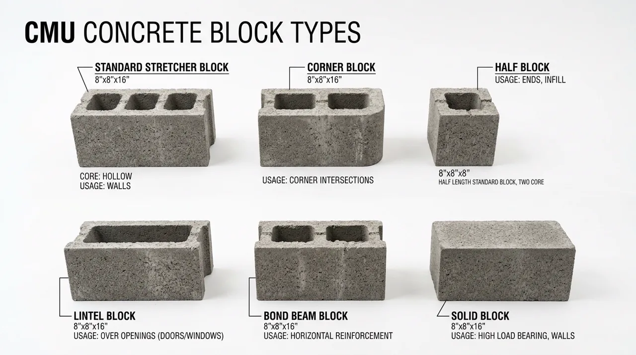 Six CMU block types: stretcher, corner, half block, lintel, bond beam, and solid block