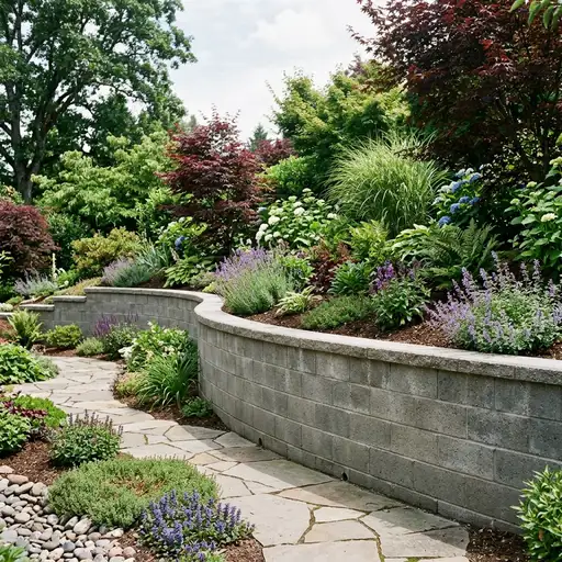 A sturdy CMU concrete block retaining wall in a beautiful landscaped garden