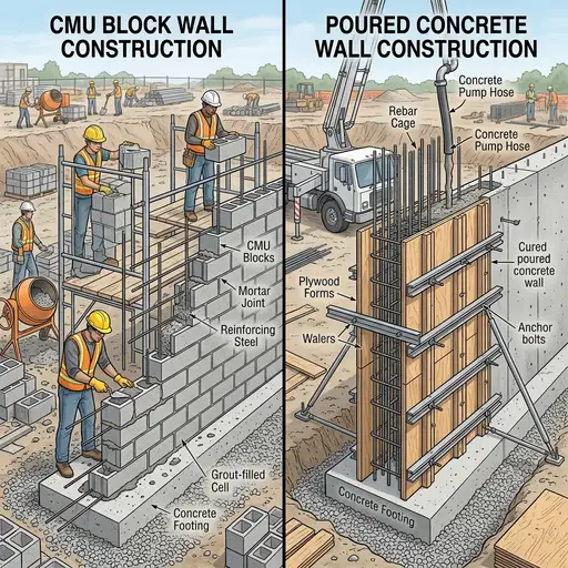 Side by side comparison of a CMU block wall and a poured concrete wall