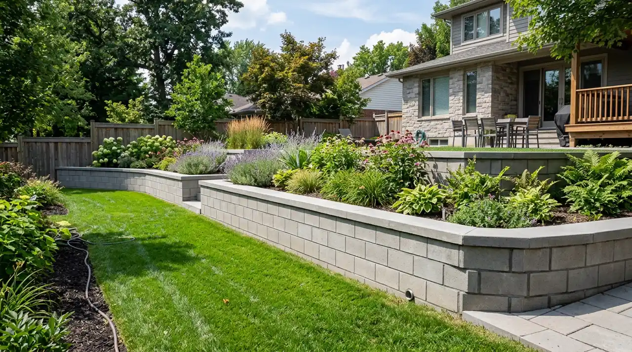 Modern residential garden retaining wall built with concrete CMU blocks, well-landscaped suburban backyard