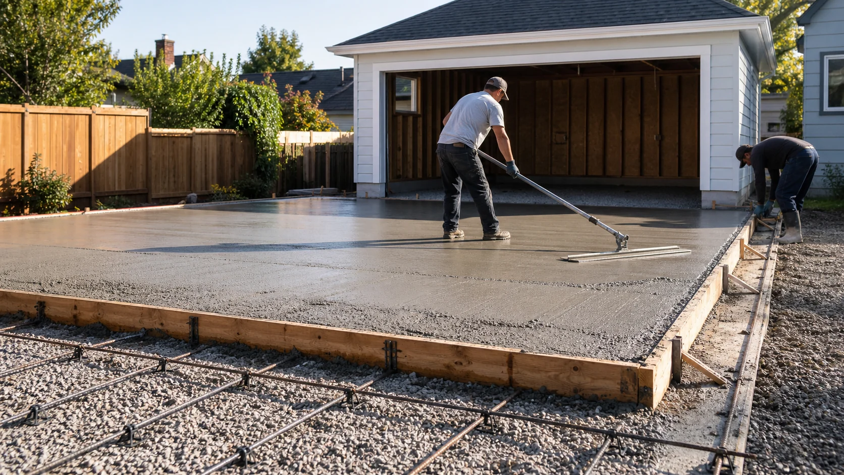 Contractors finishing a fresh concrete slab for a detached residential garage
