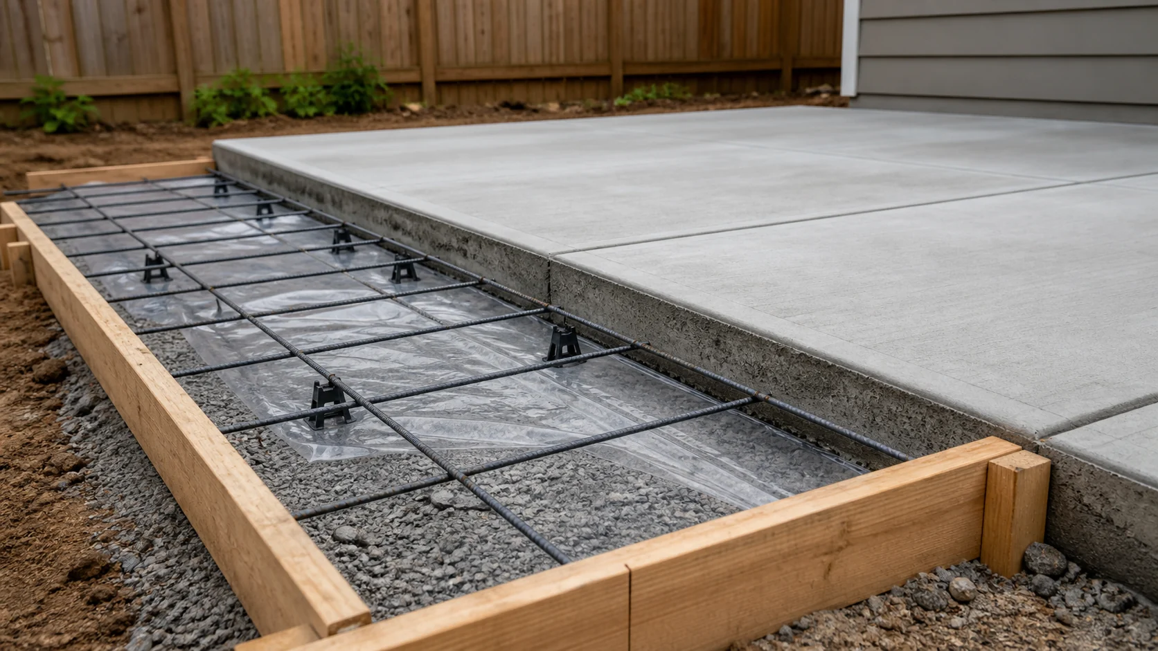 Rebar grid on chairs above vapor barrier and compacted stone base for a concrete slab