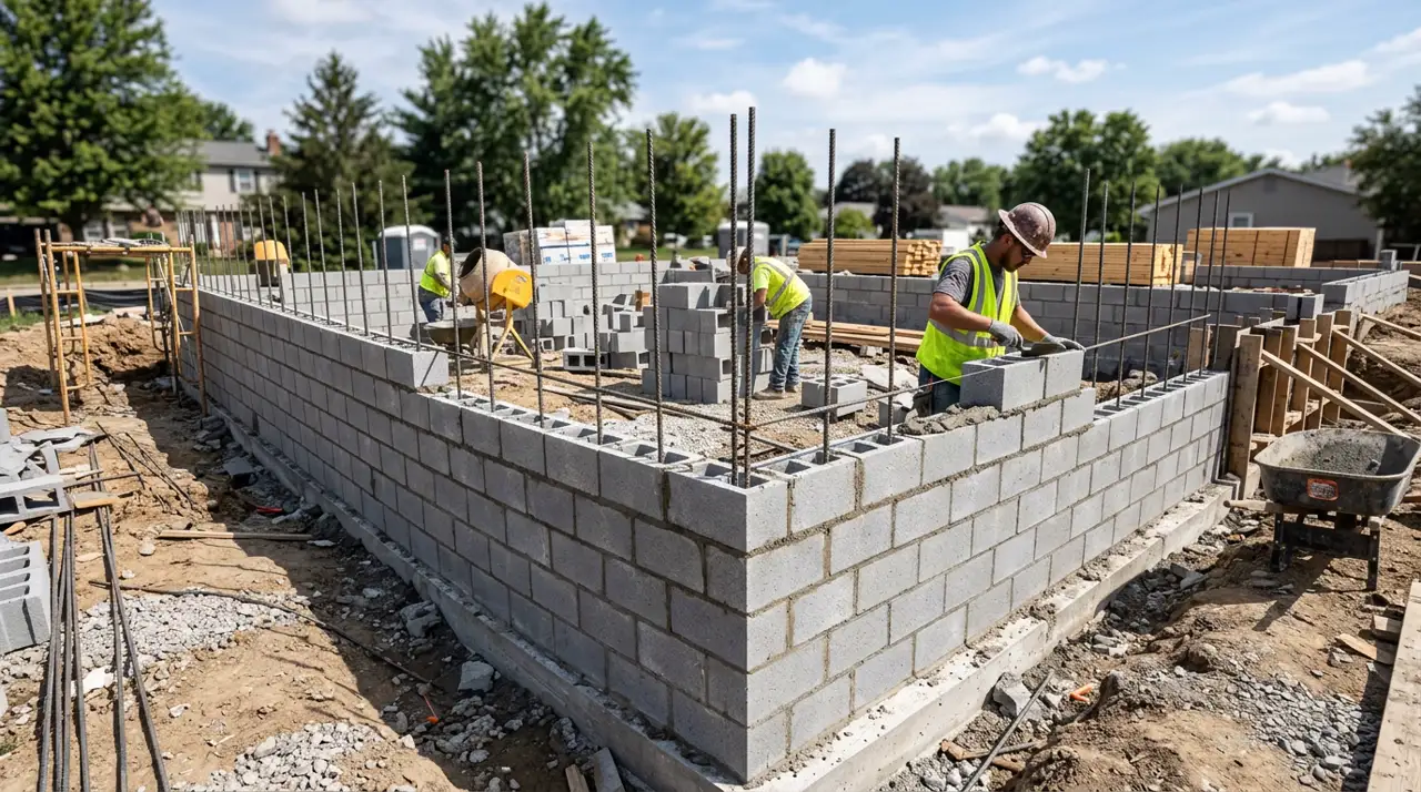 Concrete block CMU foundation walls under construction at a residential building site, workers laying blocks with rebar reinforcement