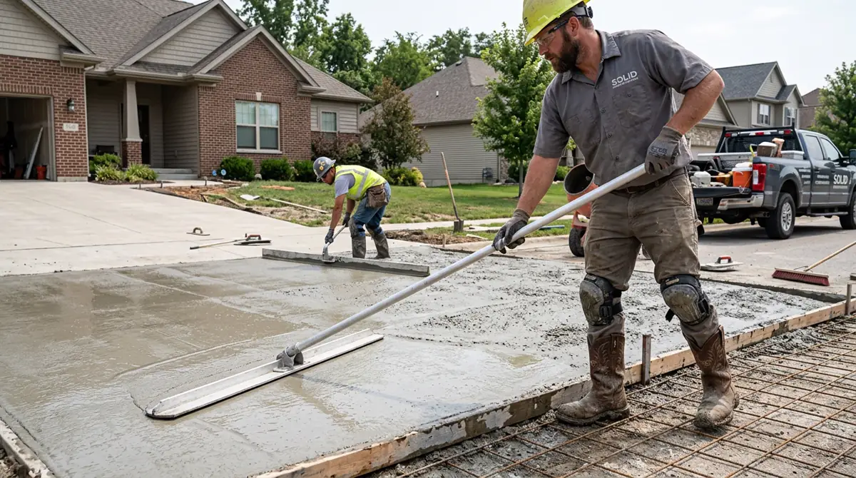 Concrete contractors screeding and finishing a freshly poured residential driveway slab