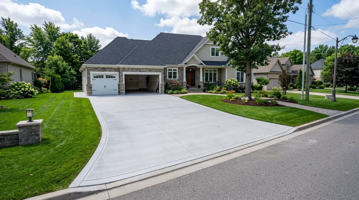 Freshly installed smooth concrete driveway leading to a two-car garage at a beautiful suburban home