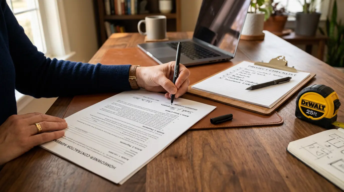 Homeowner carefully reviewing and signing a contractor agreement with a project checklist nearby