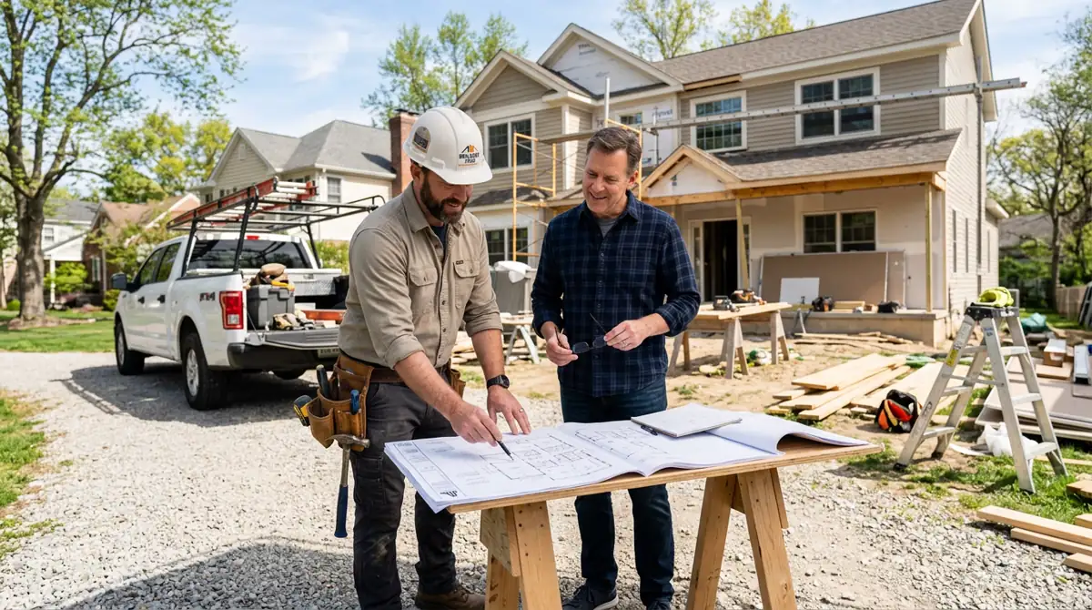 Homeowner and contractor reviewing blueprints together at a residential construction site