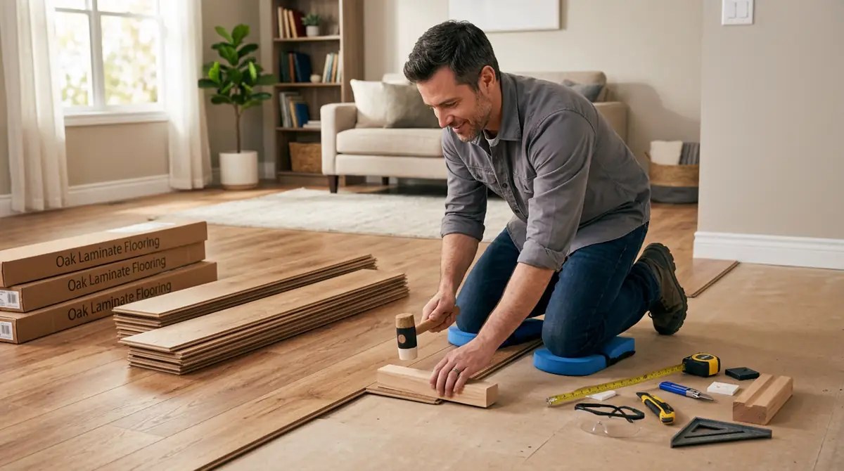 Homeowner successfully installing laminate flooring in a living room with tools organized nearby