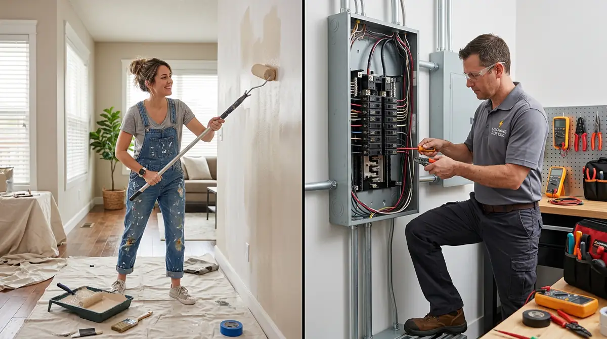 Side-by-side comparison showing a homeowner painting a wall DIY on the left and a licensed electrician working on a panel on the right
