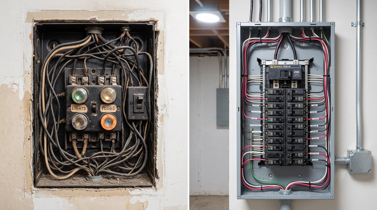 Before and after comparison: old fuse box versus new 200-amp circuit breaker panel