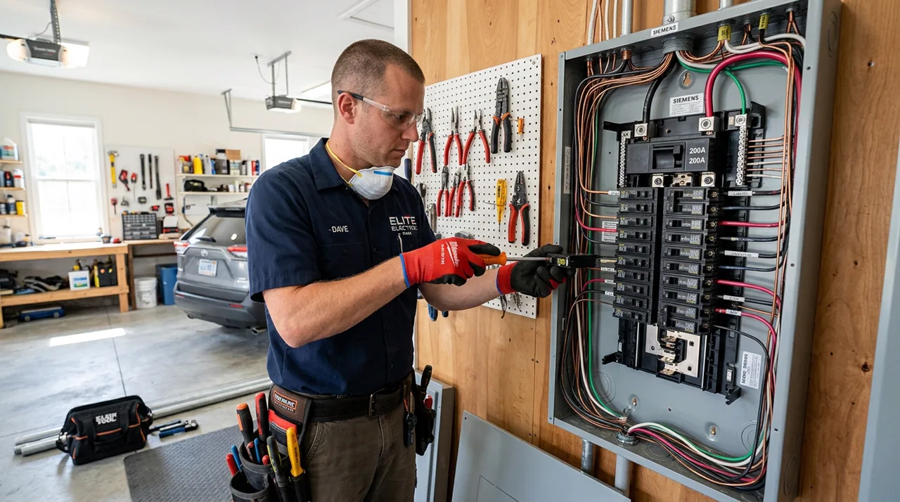Licensed electrician installing a new 200-amp circuit breaker panel in a residential garage