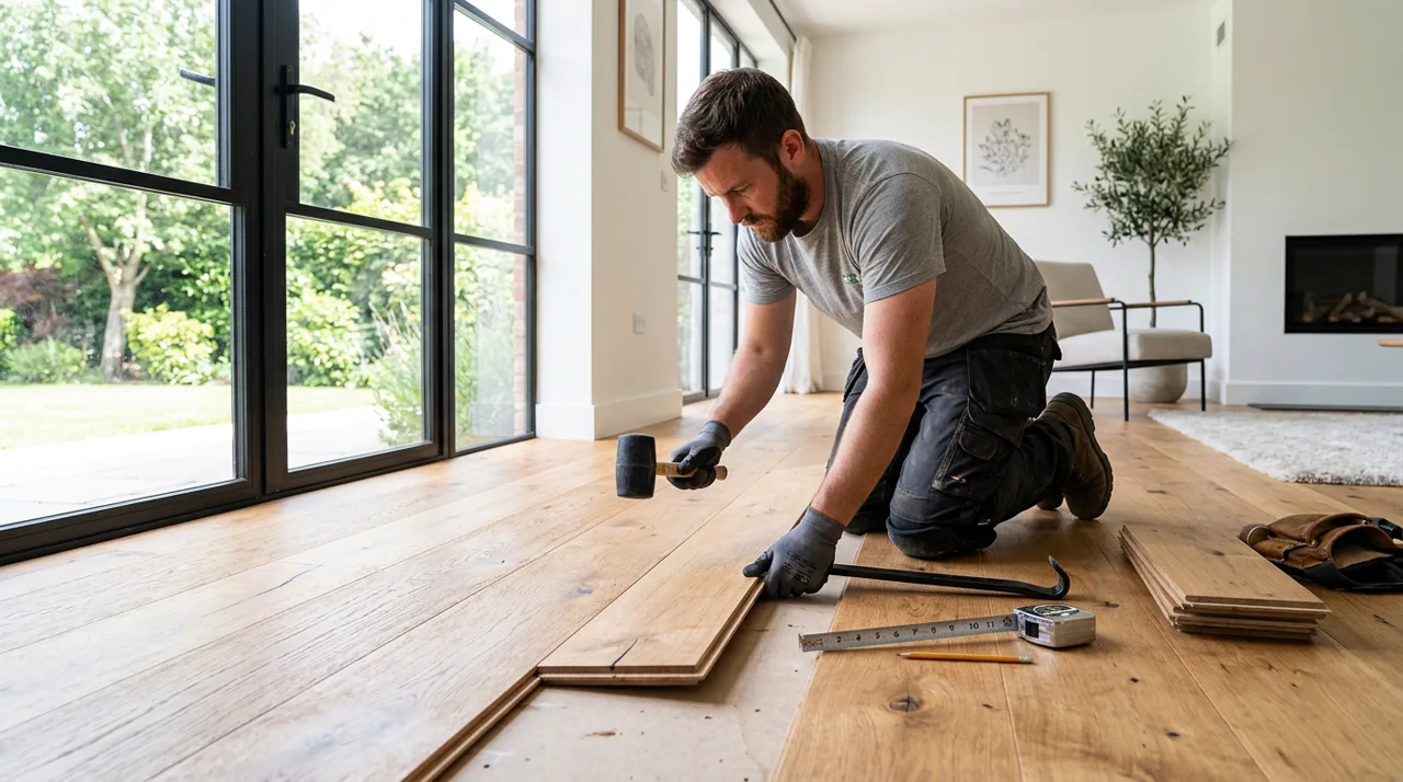Professional installer laying hardwood plank flooring in a bright modern living room