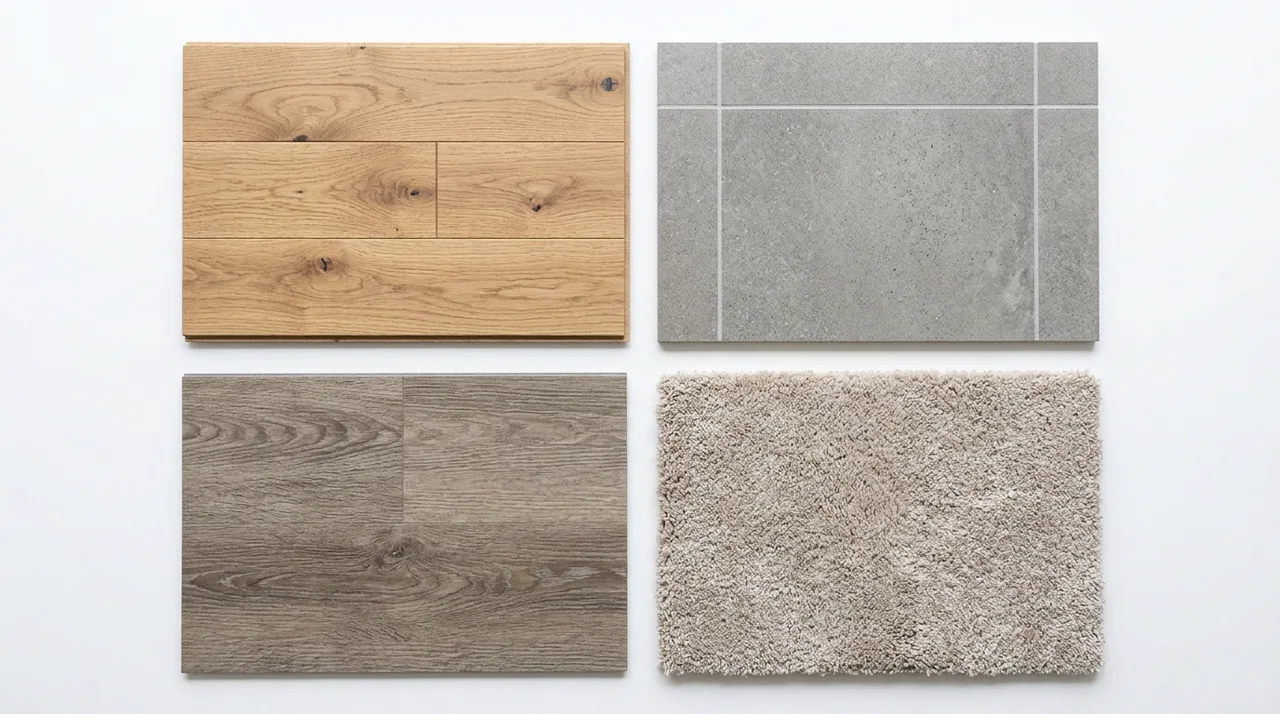Side-by-side samples of four flooring types: hardwood, tile, luxury vinyl plank, and carpet