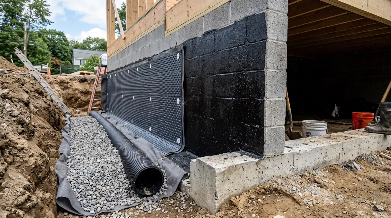 CMU foundation wall with black waterproofing membrane, drainage board, and perforated drain pipe at footing