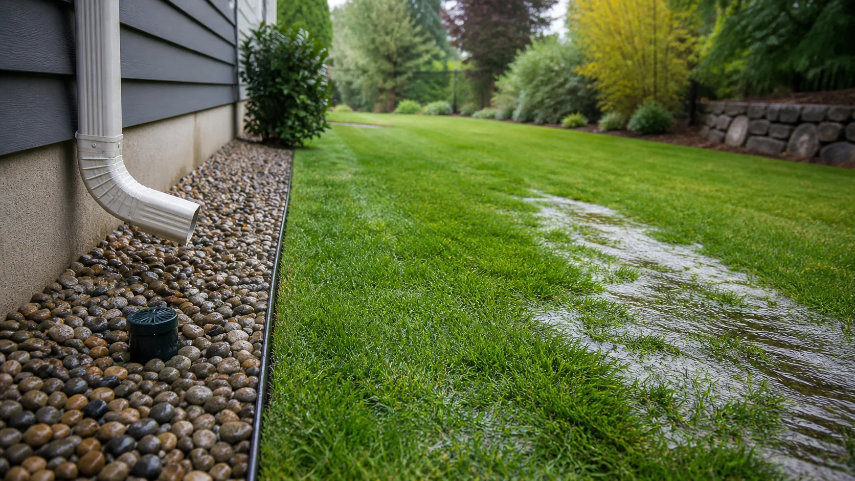 Pop-up drainage emitter and gravel border directing roof runoff away from a residential home