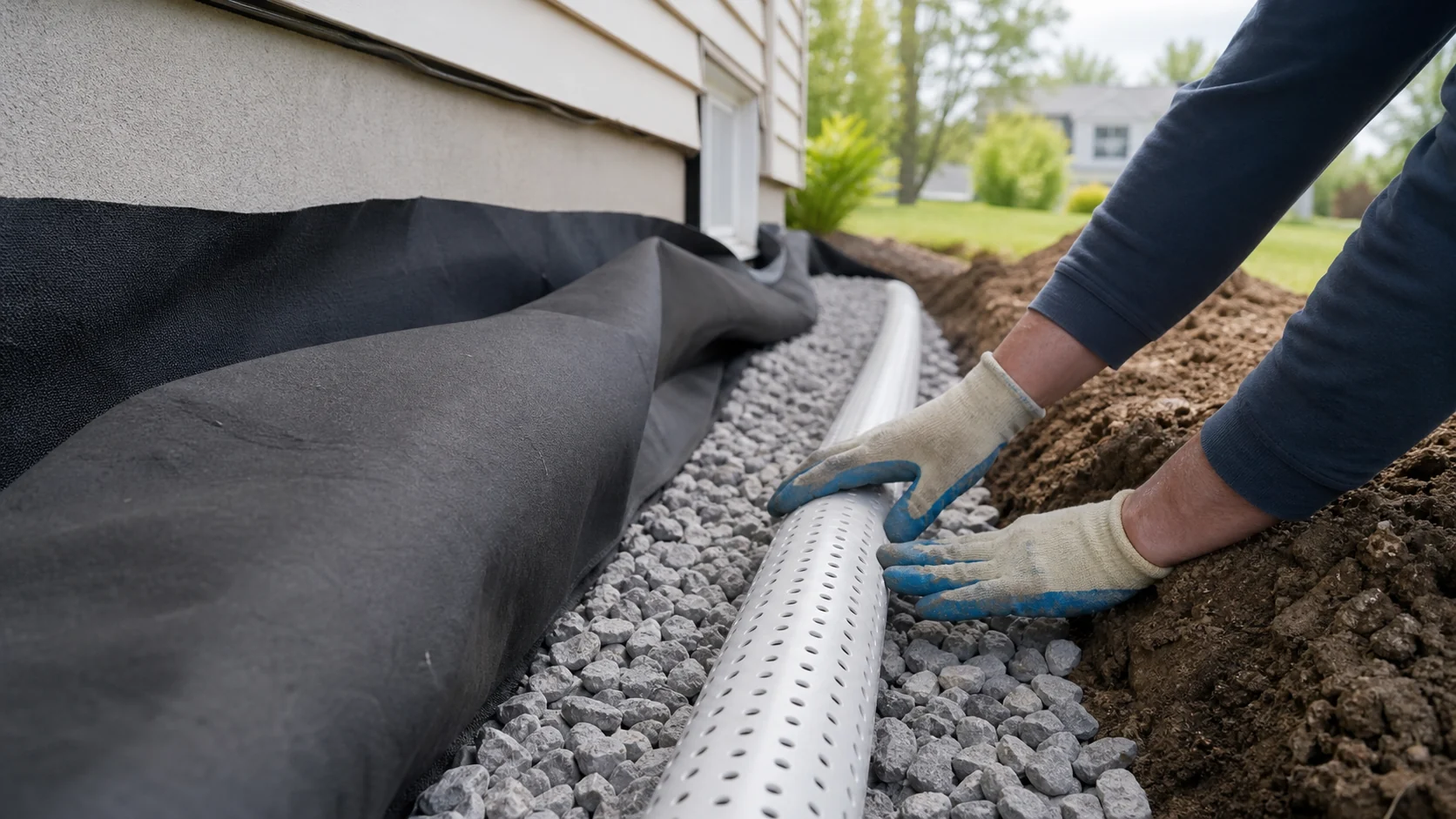 Contractor placing perforated pipe and washed gravel in a French drain trench beside a home