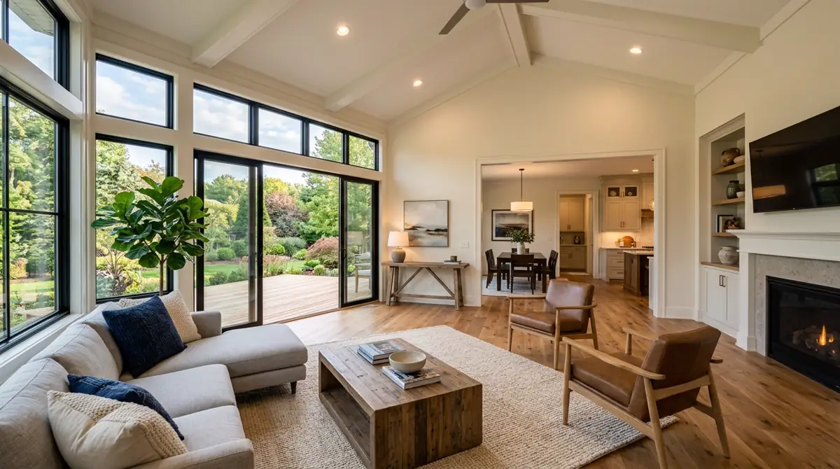 Beautifully completed home addition — bright open family room with vaulted ceiling, large windows, hardwood floors, and connection to existing home visible