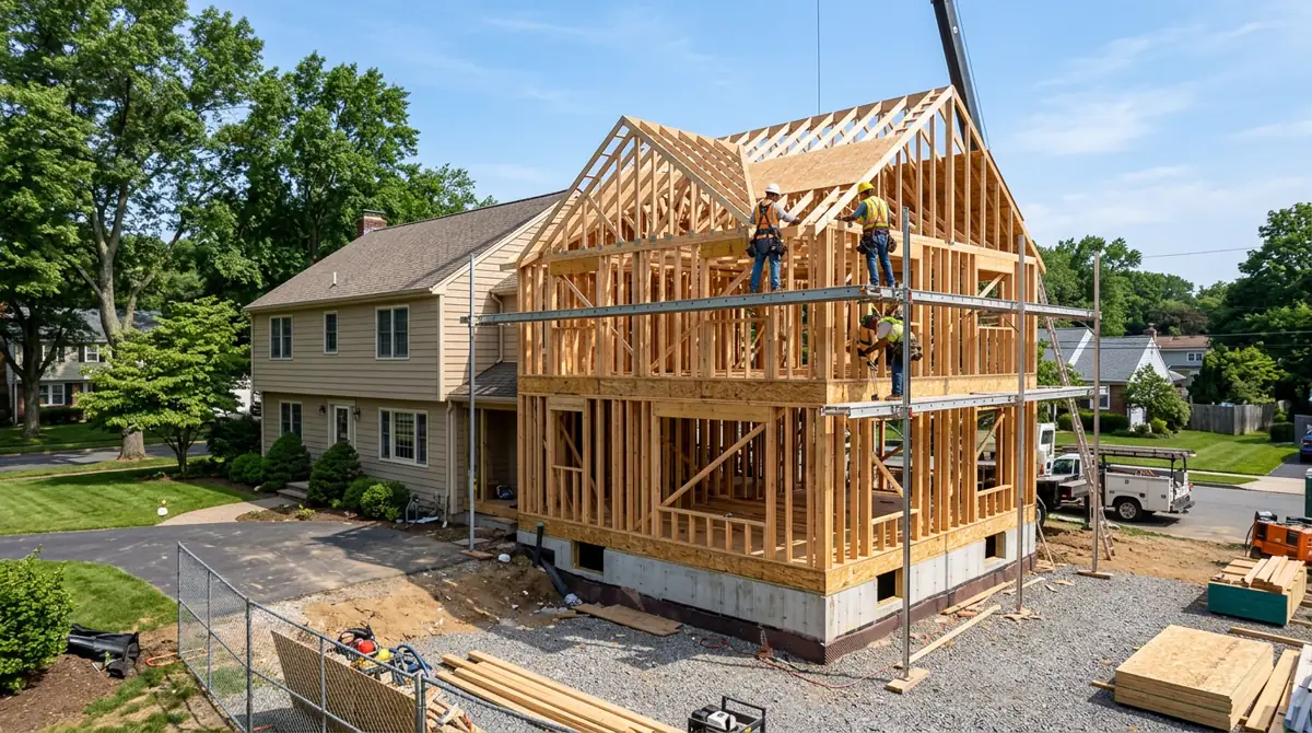 Two-story home addition under construction showing framed walls, roof structure, and new foundation attached to an existing suburban home