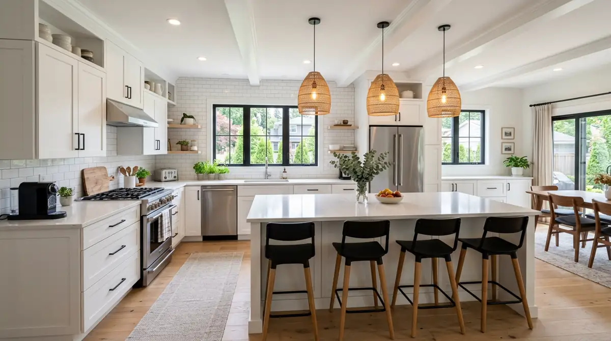 Beautifully renovated modern kitchen with white shaker cabinets, quartz island, and stainless steel appliances