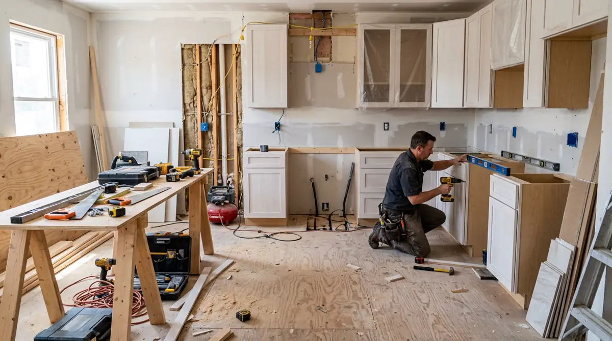 Kitchen under renovation with cabinets being installed, exposed drywall and electrical visible