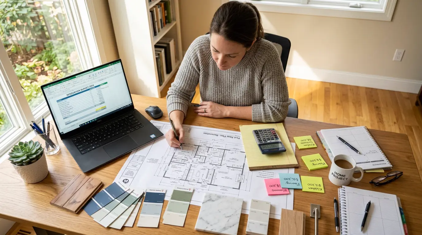Homeowner planning a home renovation budget at a desk with floor plans, paint swatches and a calculator