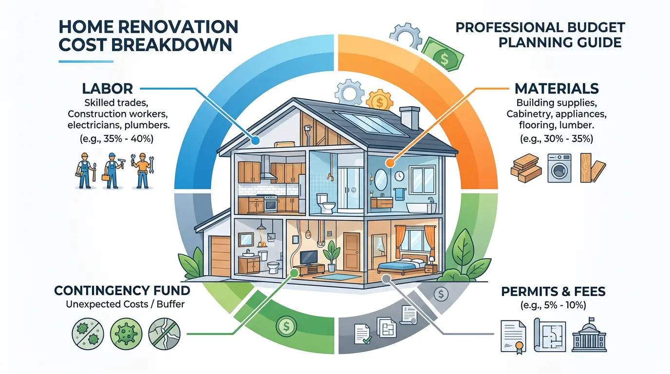 Infographic showing home renovation cost breakdown by category: labor, materialsrmits, and contingency fund