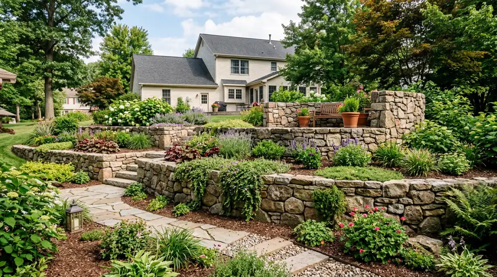 Multi-tiered natural stone retaining wall in a beautifully landscaped residential backyard garden