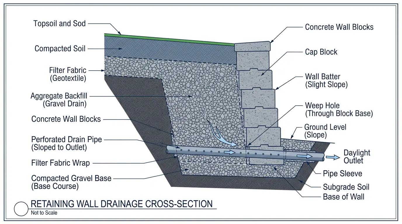 Cross-section diagram of a retaining wall showing drainage layers including gravel backfillrforated drain pipe, filter fabric and compacted base