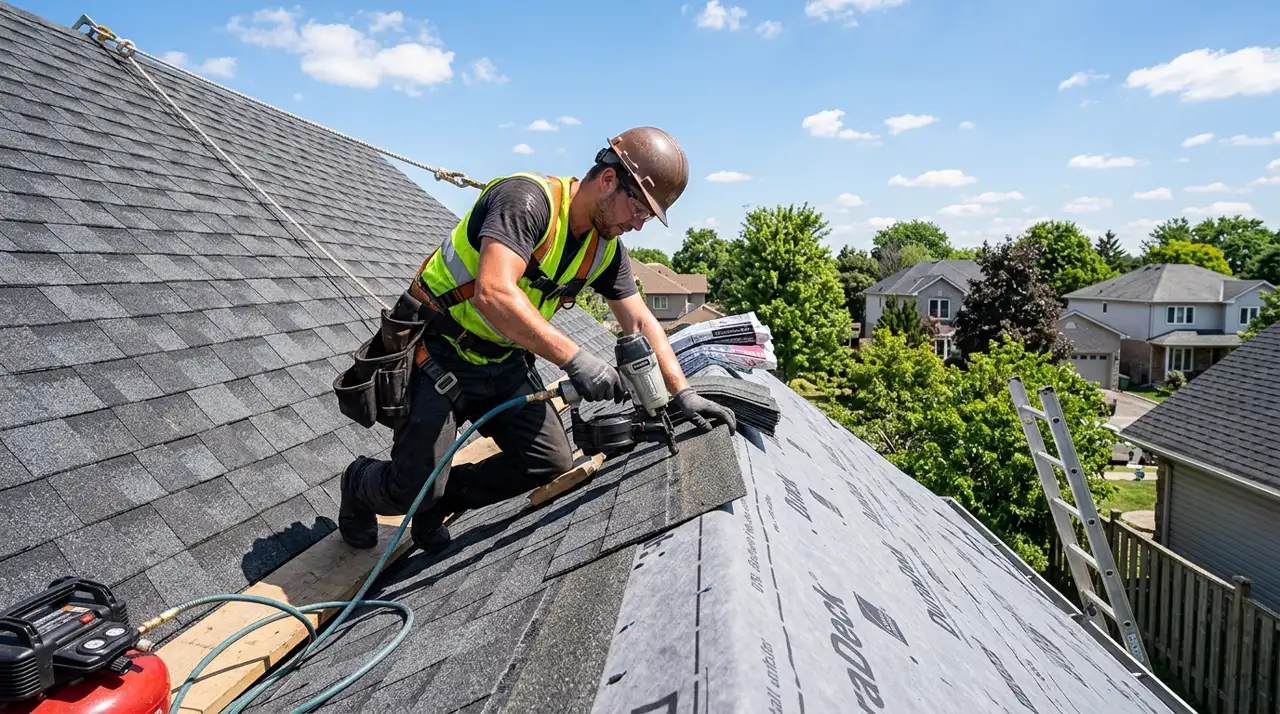 Professional roofer installing architectural asphalt shingles on a residential roof