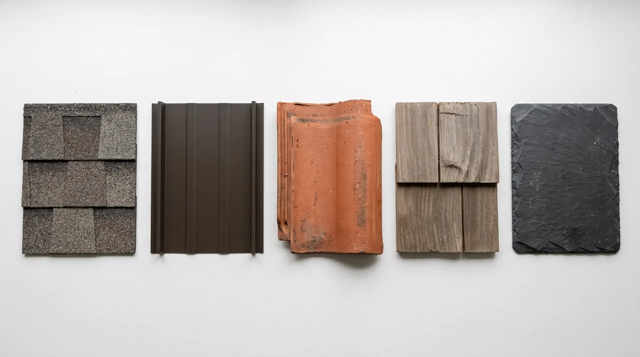 Side-by-side comparison of roofing material samples: asphalt shingles, metal panel, clay tile, wood shake, and natural slate