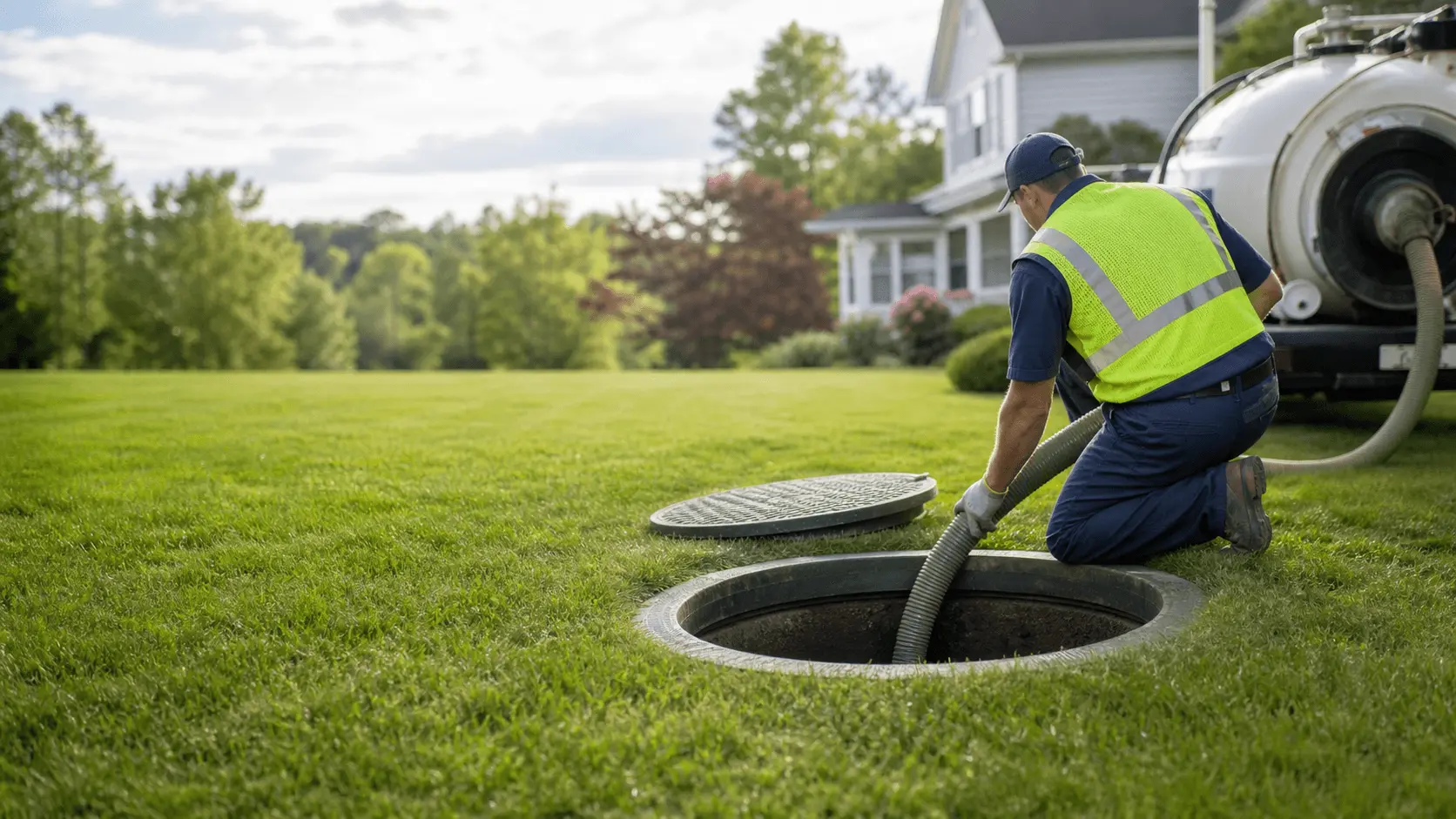 Septic service technician pumping a residential septic tank in a backyard