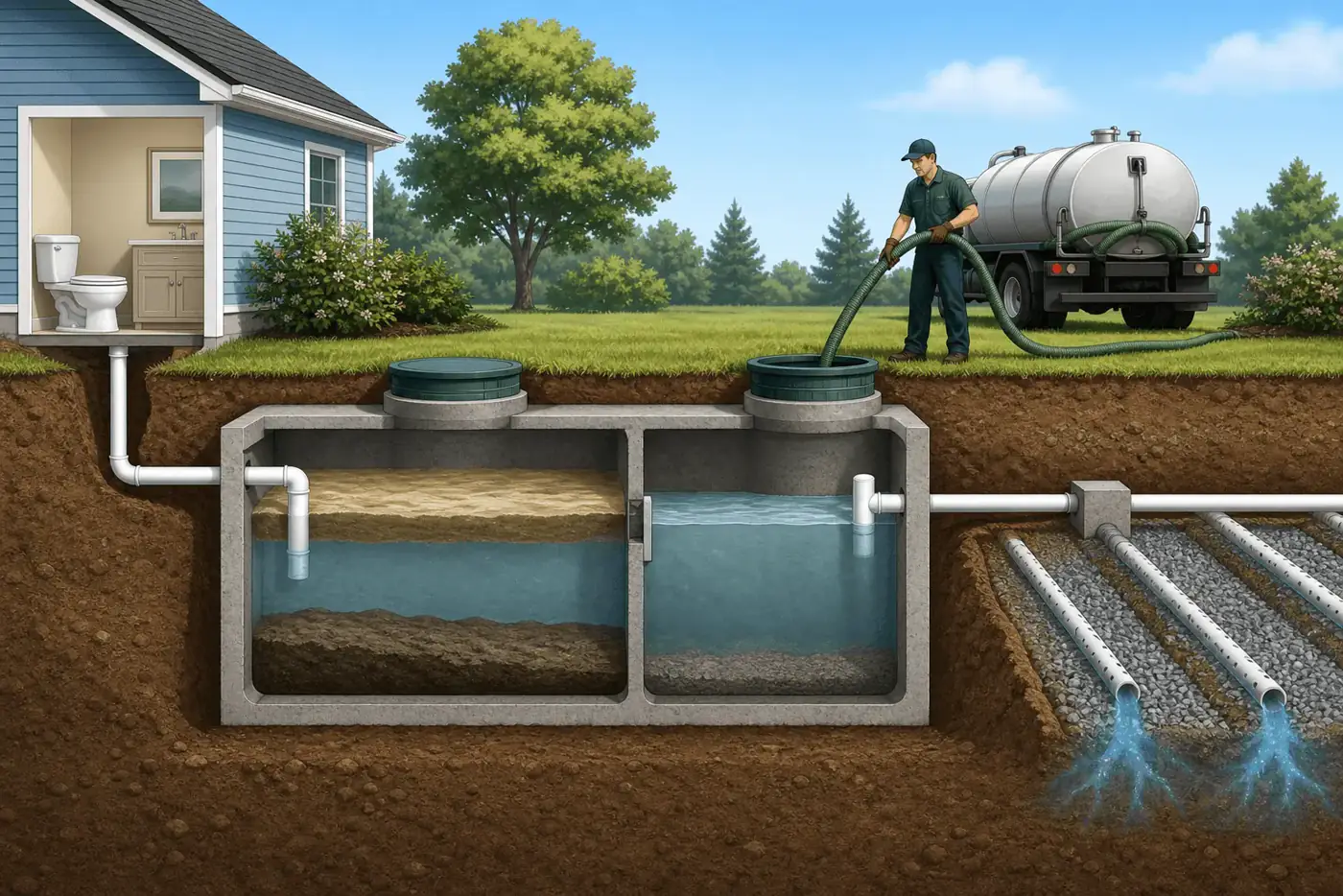Cutaway illustration showing a septic tank, access risers, service truck, and drain field