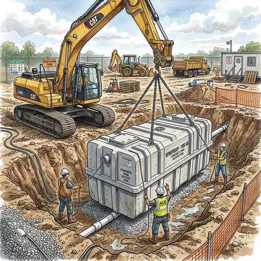 Illustration of a large concrete septic tank being installed in the ground with an excavator