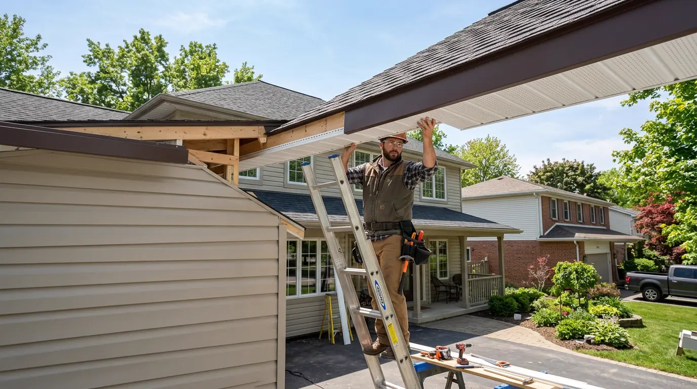 Contractor installing soffit panels on a residential home exterior from a ladder