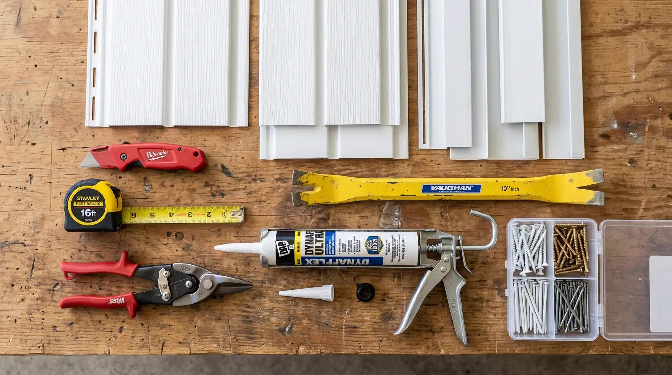 Tools and materials for soffit and fascia installation laid out on a workbench