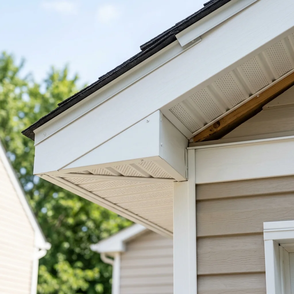 Close up of house eaves showing vinyl and aluminum soffit panels