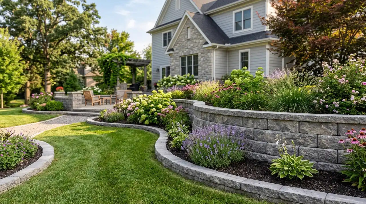 Landscaped suburban backyard with split-face CMU retaining walls and garden borders
