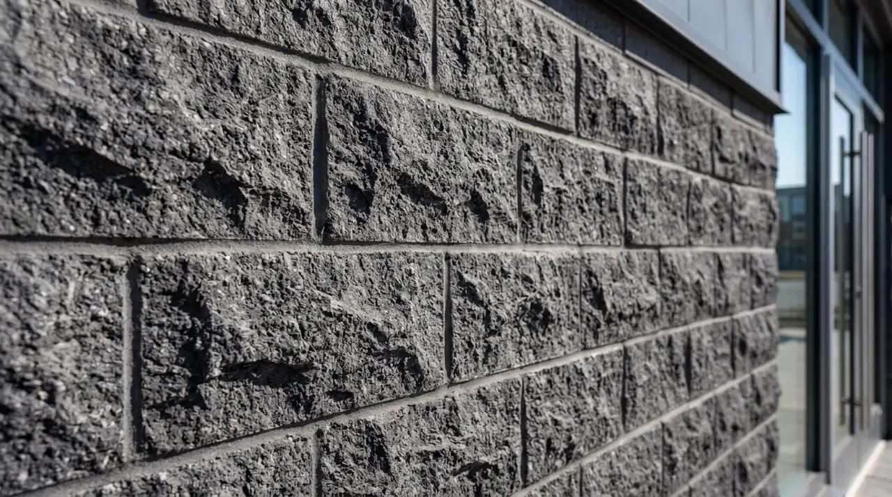 Close-up of a split face CMU block wall showing the rough fractured stone-like texture on a commercial building exterior