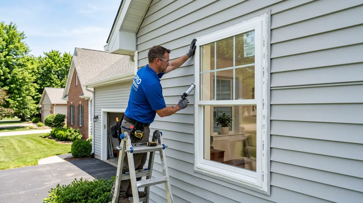Professional window installer fitting a new double-hung vinyl replacement window into a suburban home exterior