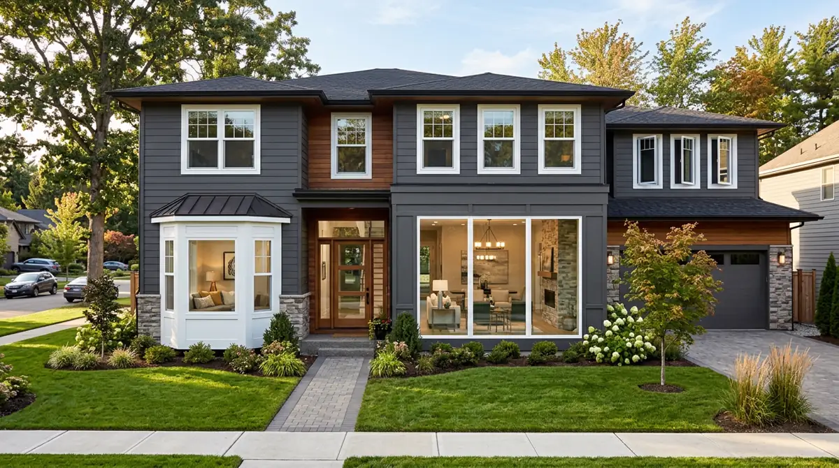 Modern home exterior showcasing multiple window styles including bay window, picture window, casement and double-hung windows